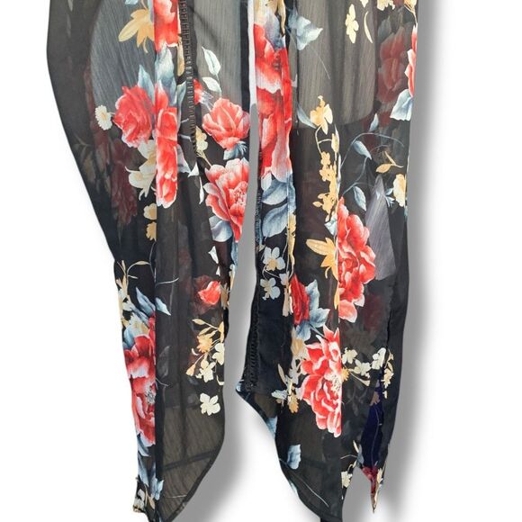 Band of Gypsies Black Sheer Red Floral Kimono Duster Swim Cover Up Short Sleeve - Picture 7 of 12